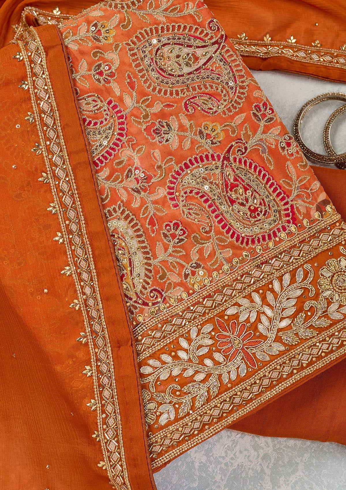 Orange Stonework Semi Crepe Unstitched Salwar Suit-Koskii