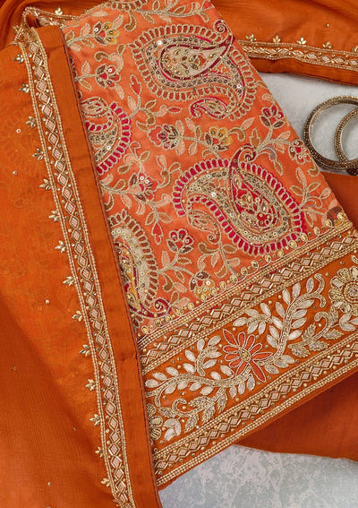 Orange Stonework Semi Crepe Unstitched Salwar Suit-Koskii
