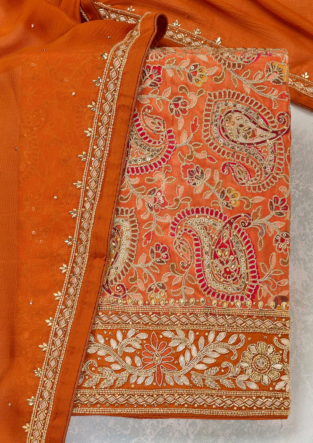Orange Stonework Semi Crepe Unstitched Salwar Suit-Koskii