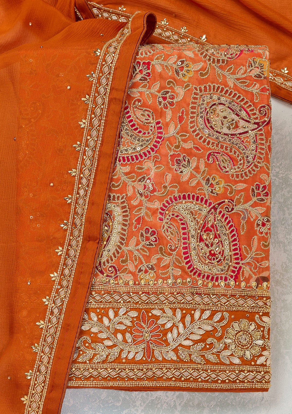 Orange Stonework Semi Crepe Unstitched Salwar Suit-Koskii