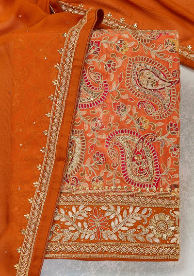 Orange Stonework Semi Crepe Unstitched Salwar Suit-Koskii
