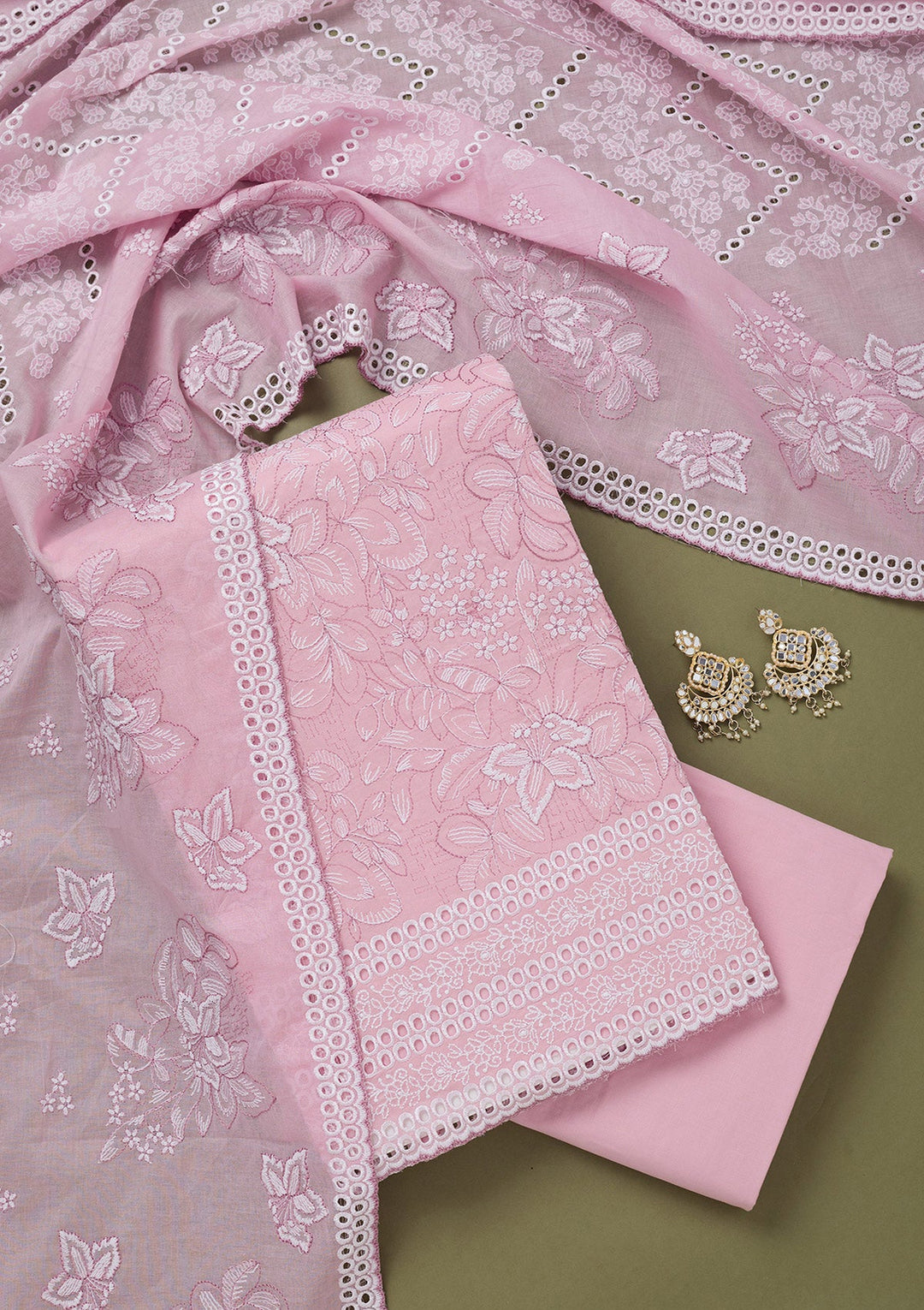 Baby Pink Threadwork Cotton Unstitched Salwar Suit-koskii