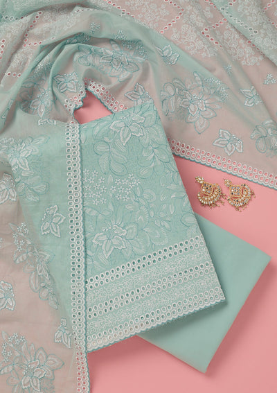 Sky Blue Threadwork Cotton Unstitched Salwar Suit-koskii