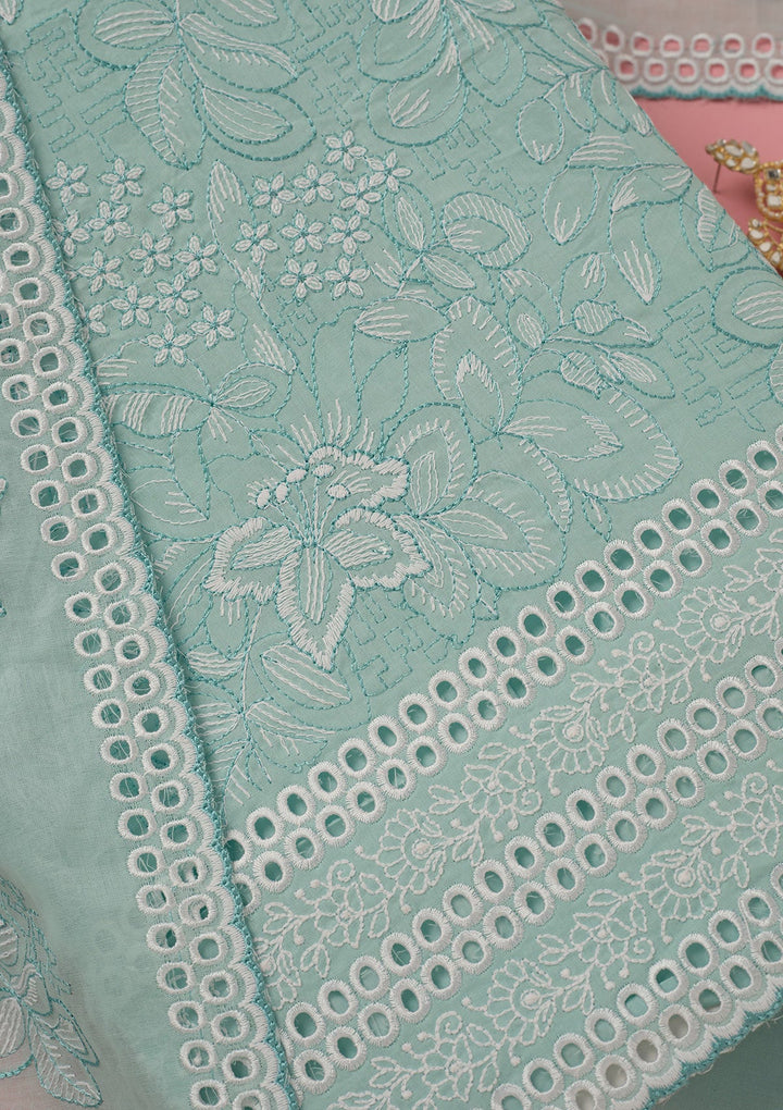 Sky Blue Threadwork Cotton Unstitched Salwar Suit-koskii