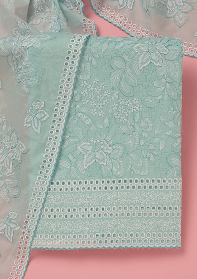 Sky Blue Threadwork Cotton Unstitched Salwar Suit-koskii