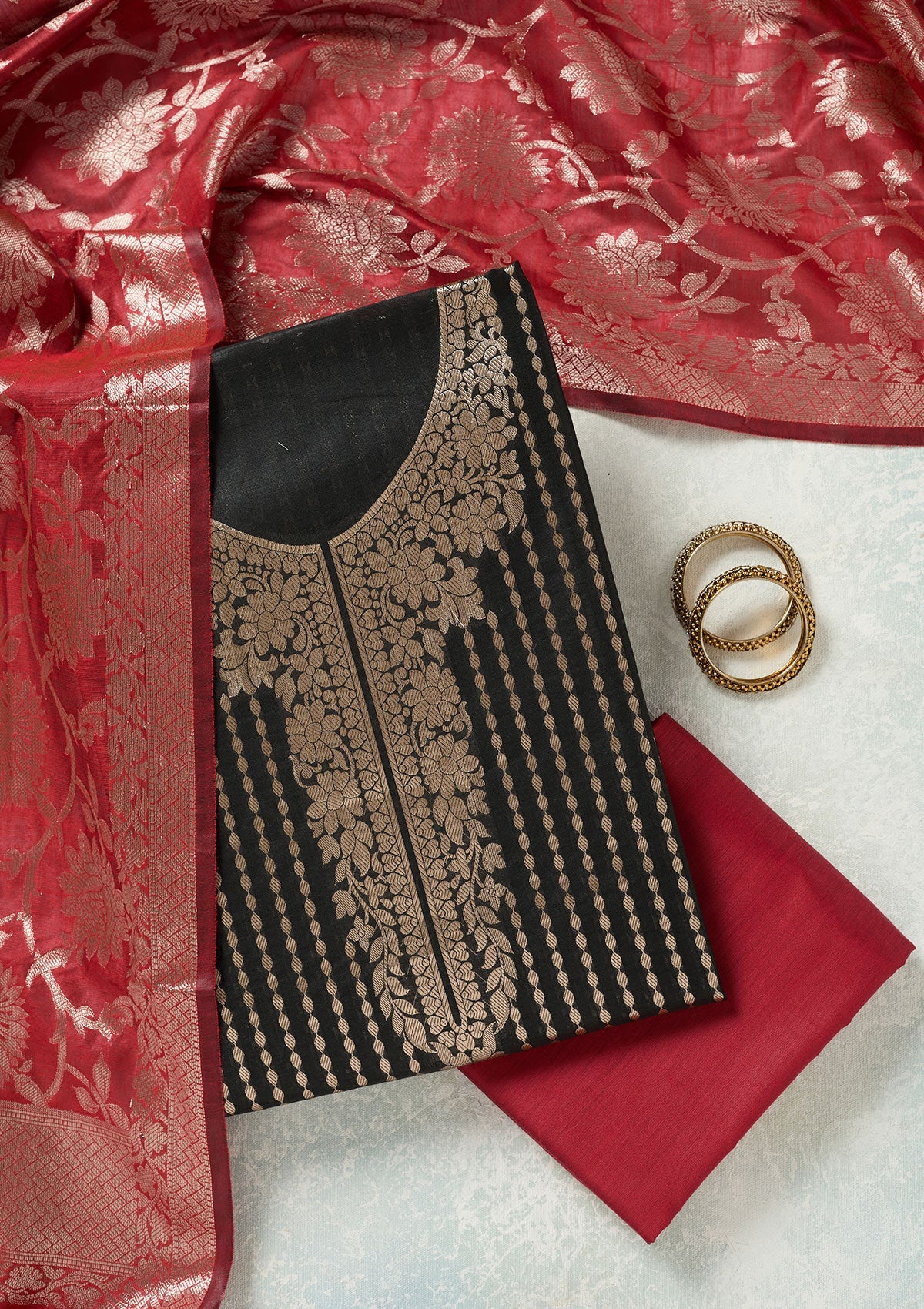 Black Zariwork (Gold) Banarasi Unstitched Salwar Suit-koskii