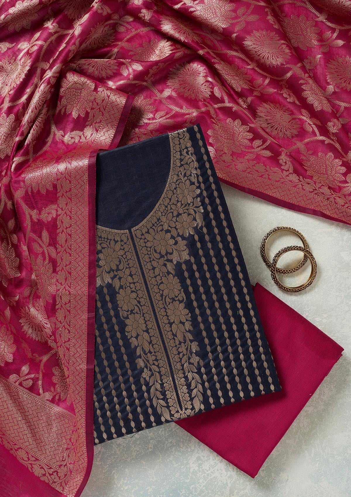 Navy Blue Zariwork (Gold) Banarasi Unstitched Salwar Suit-koskii