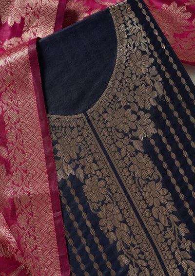Navy Blue Zariwork (Gold) Banarasi Unstitched Salwar Suit-koskii
