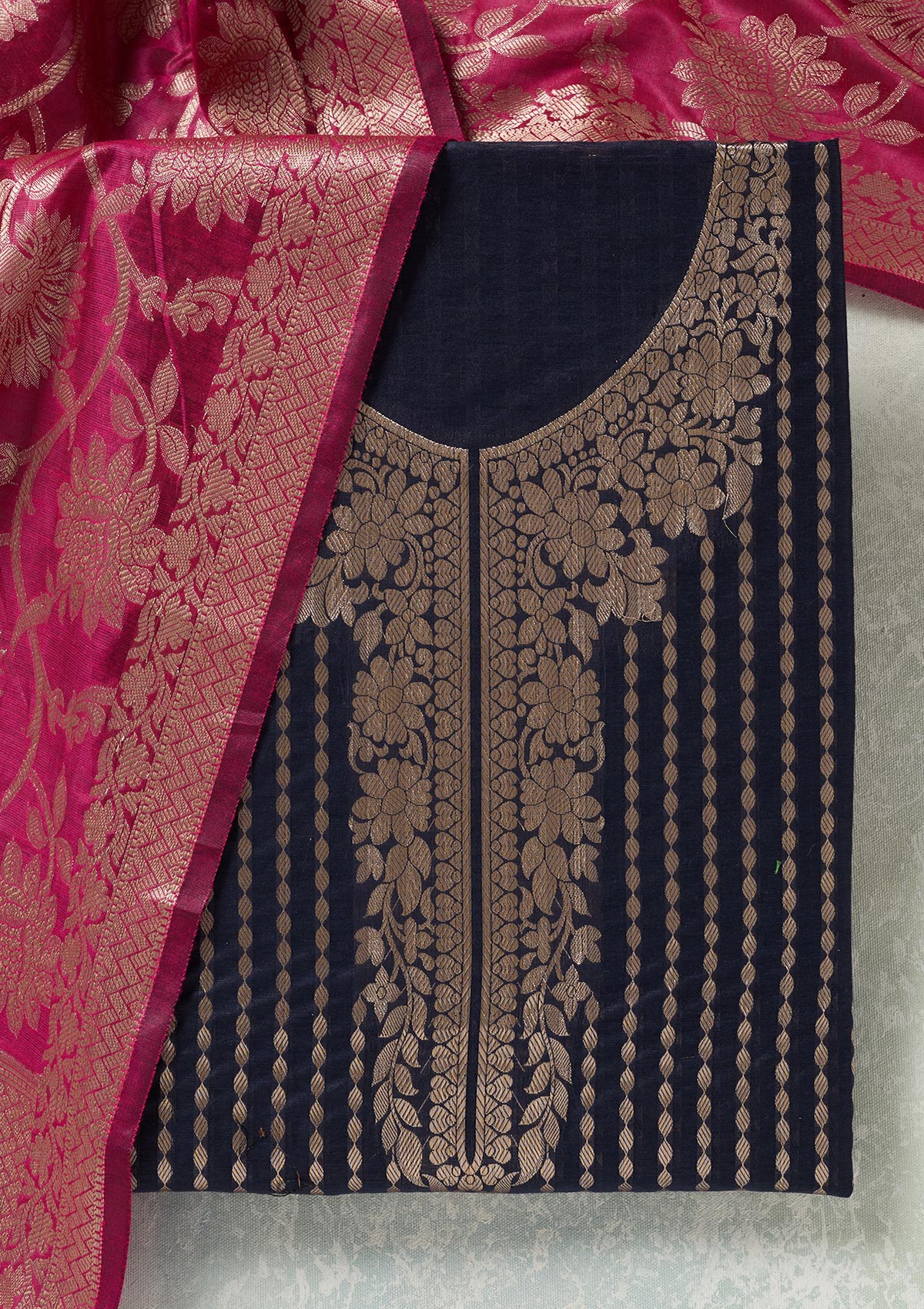 Navy Blue Zariwork (Gold) Banarasi Unstitched Salwar Suit-koskii