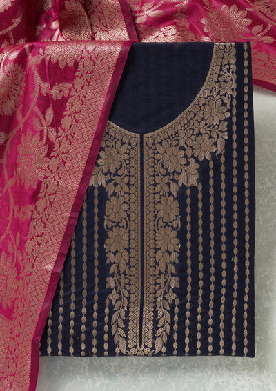 Navy Blue Zariwork (Gold) Banarasi Unstitched Salwar Suit-koskii