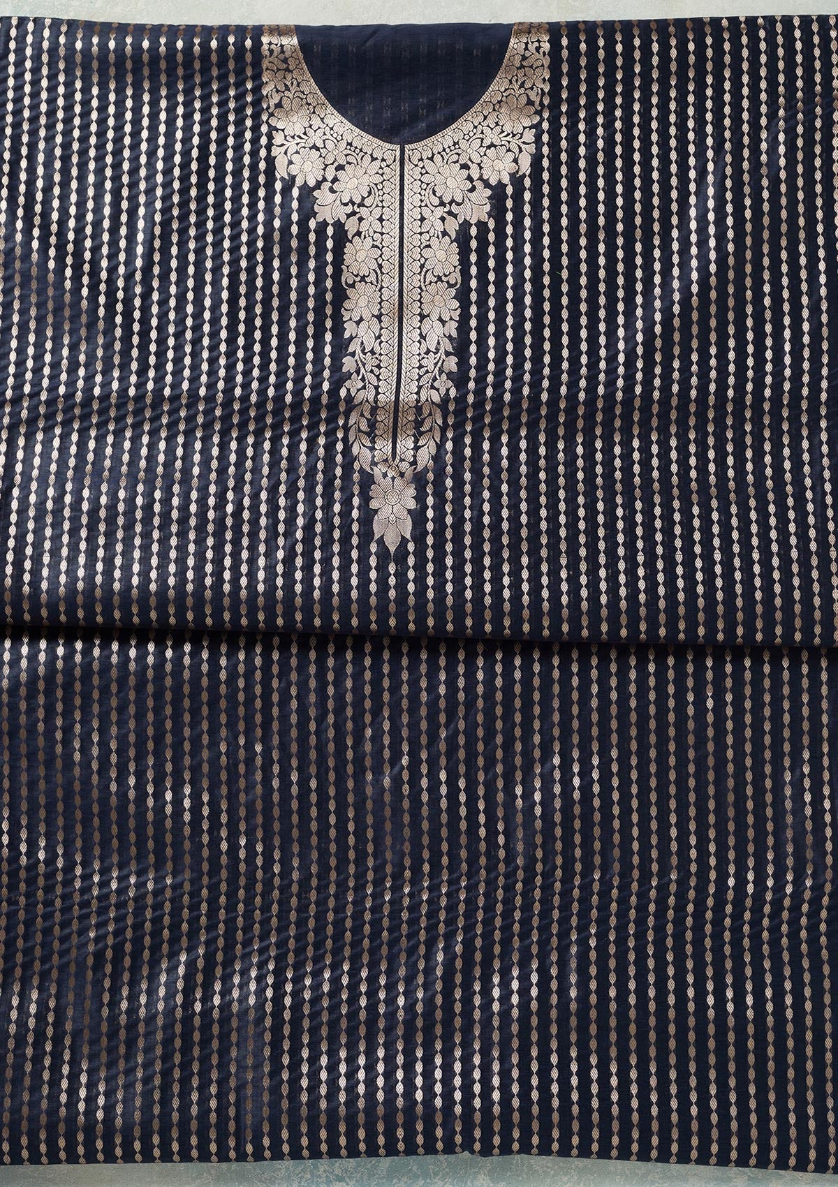 Navy Blue Zariwork (Gold) Banarasi Unstitched Salwar Suit-koskii
