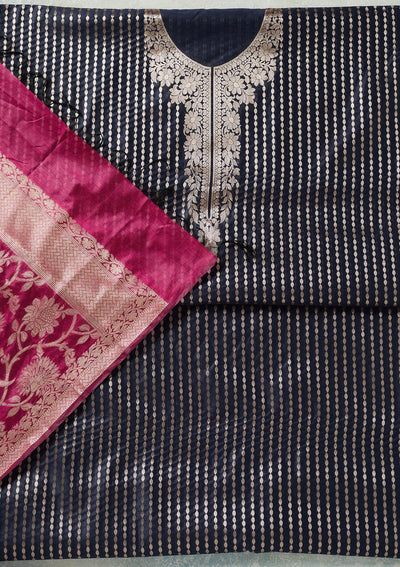 Navy Blue Zariwork (Gold) Banarasi Unstitched Salwar Suit-koskii