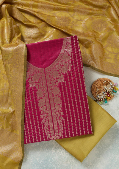 Rani Pink Zariwork (Gold) Banarasi Unstitched Salwar Suit-Koskii