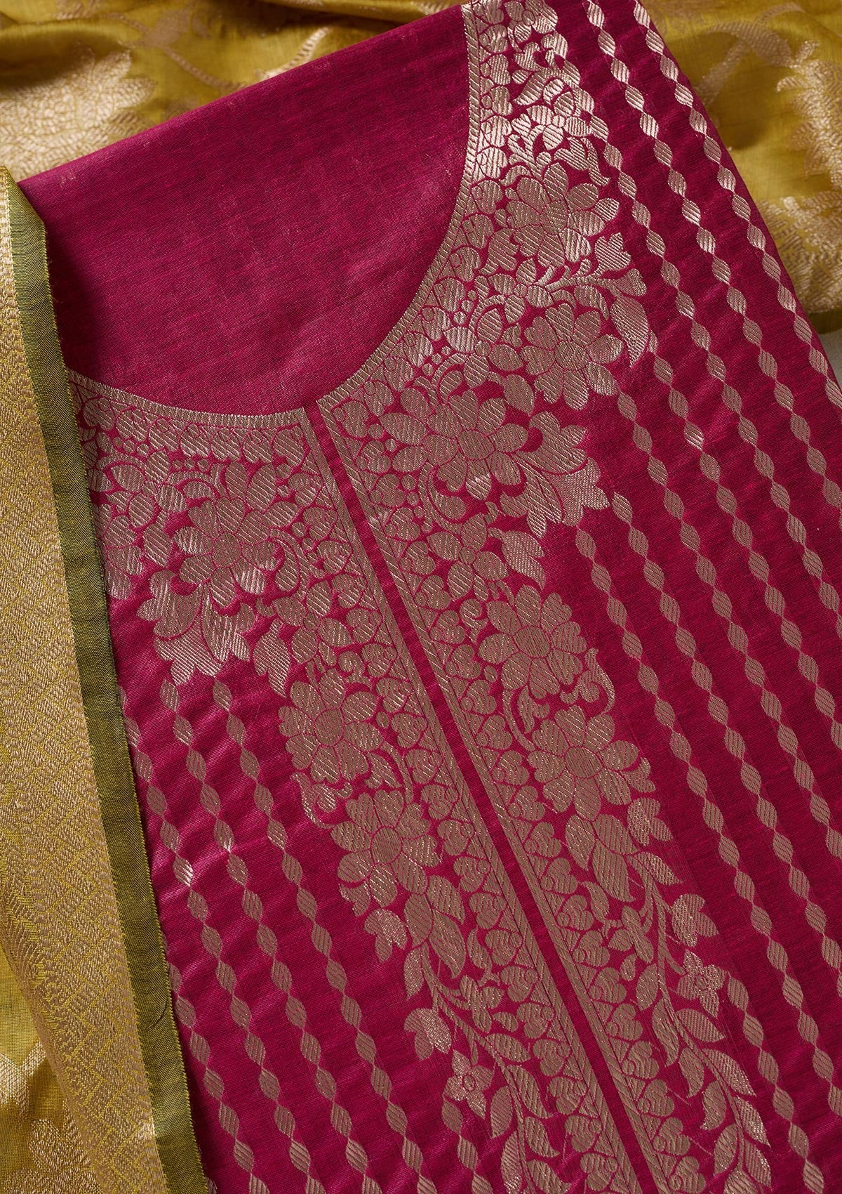 Rani Pink Zariwork (Gold) Banarasi Unstitched Salwar Suit-Koskii