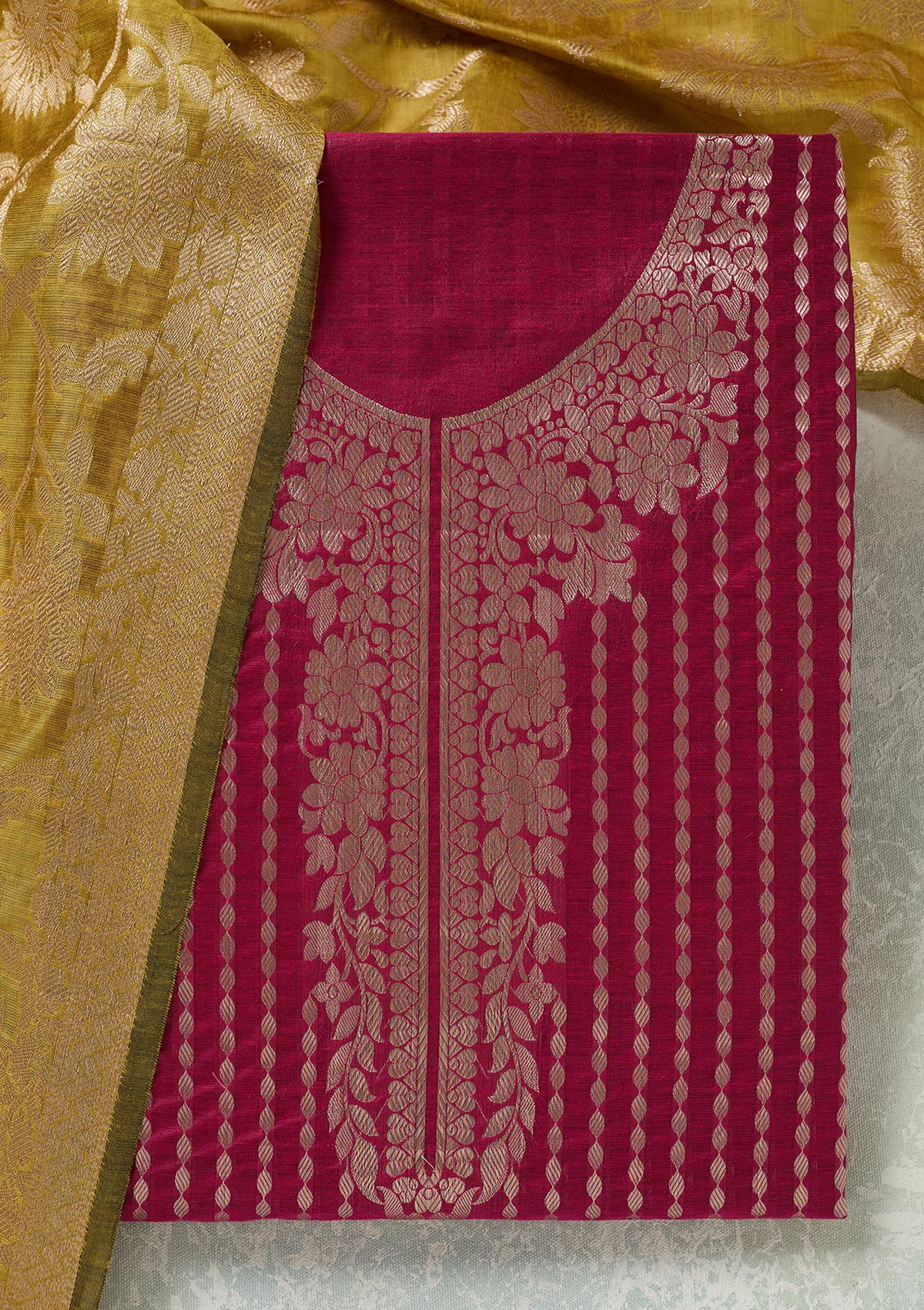 Rani Pink Zariwork (Gold) Banarasi Unstitched Salwar Suit-Koskii