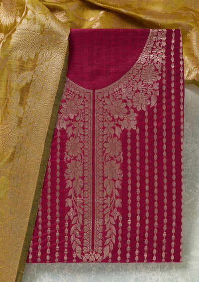 Rani Pink Zariwork (Gold) Banarasi Unstitched Salwar Suit-Koskii