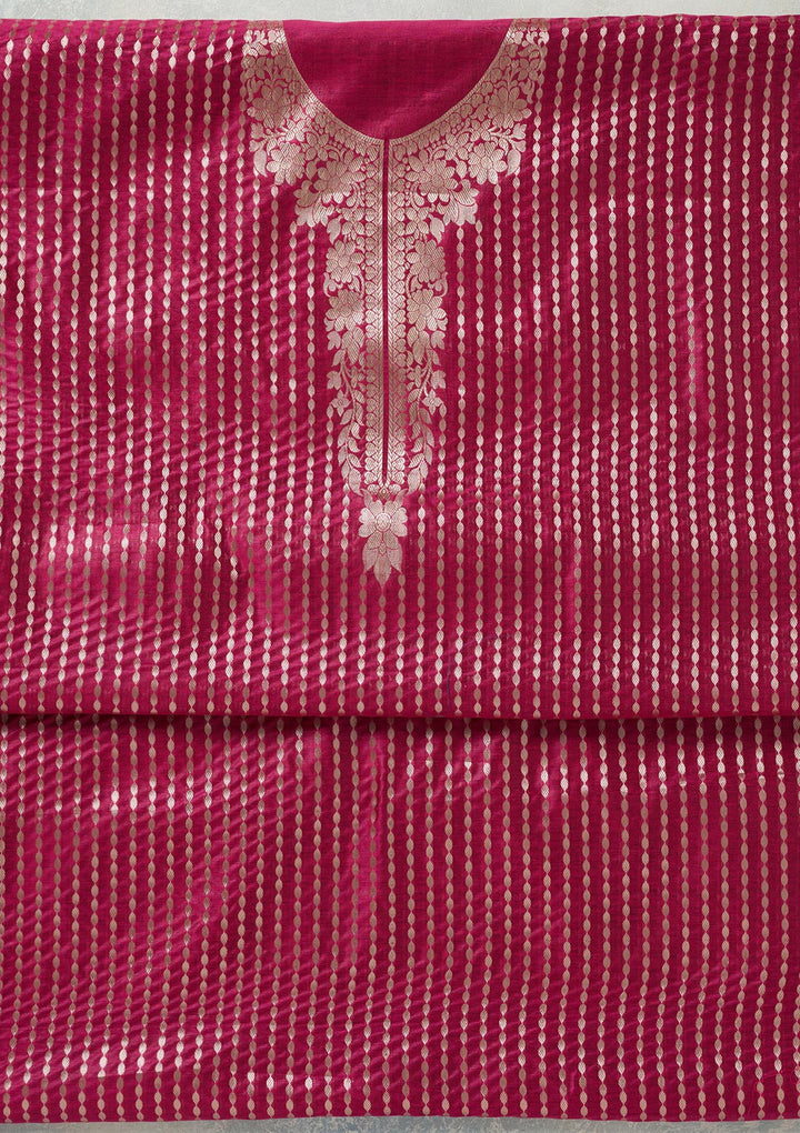 Rani Pink Zariwork (Gold) Banarasi Unstitched Salwar Suit-Koskii