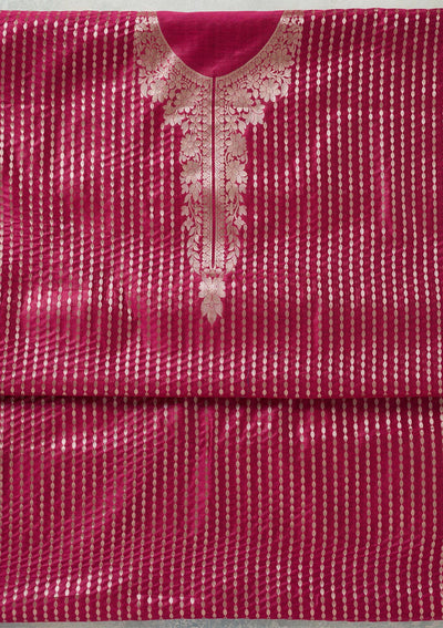 Rani Pink Zariwork (Gold) Banarasi Unstitched Salwar Suit-Koskii