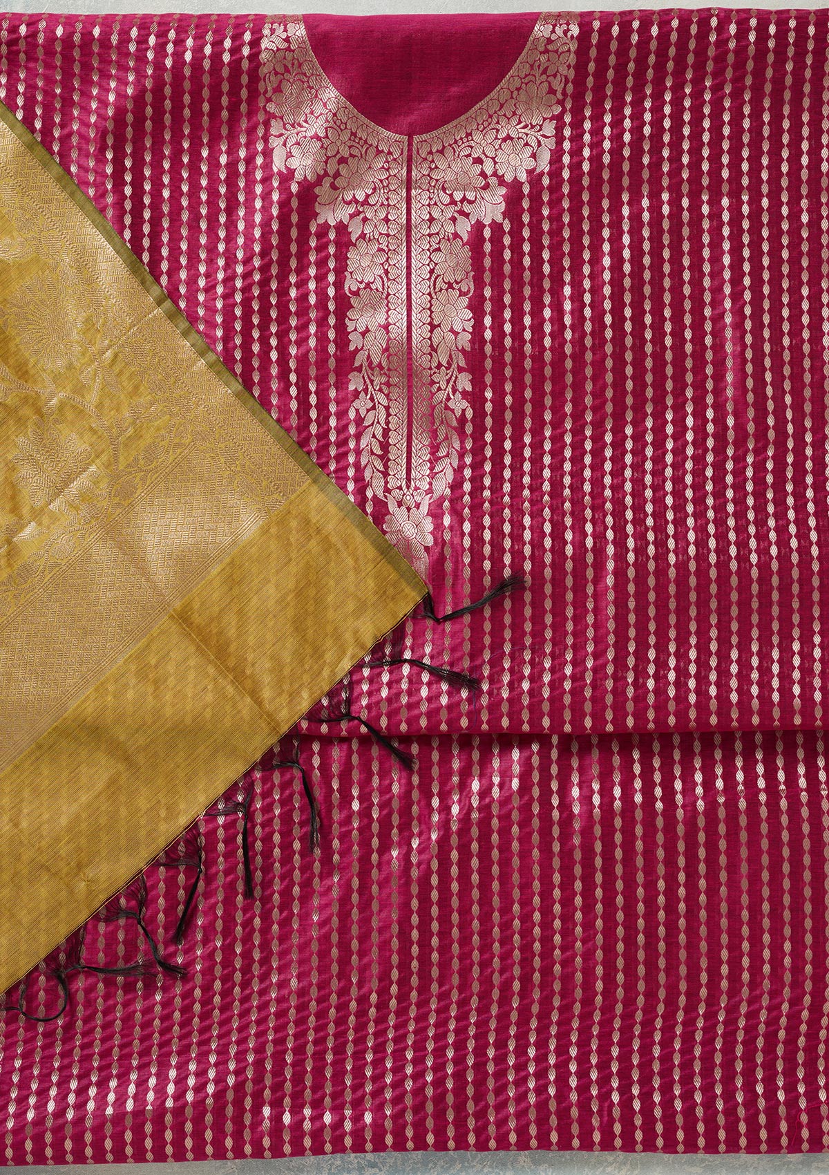 Rani Pink Zariwork (Gold) Banarasi Unstitched Salwar Suit-Koskii
