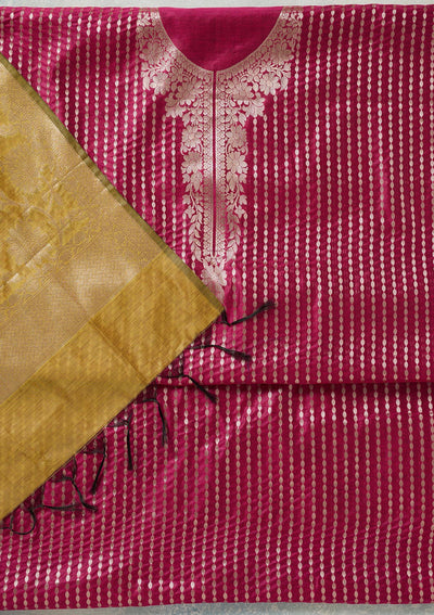 Rani Pink Zariwork (Gold) Banarasi Unstitched Salwar Suit-Koskii