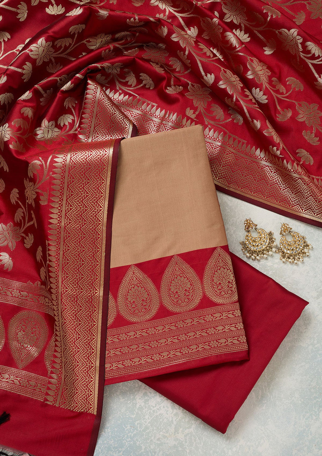 Beige Zariwork (Gold) Banarasi Unstitched Salwar Suit-Koskii