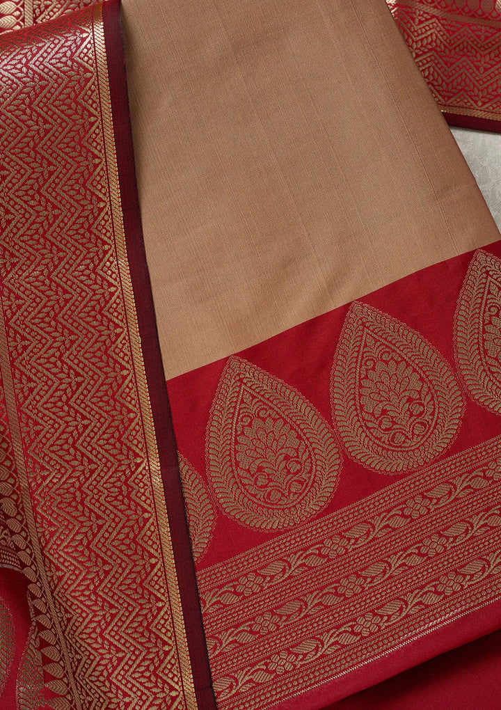 Beige Zariwork (Gold) Banarasi Unstitched Salwar Suit-Koskii
