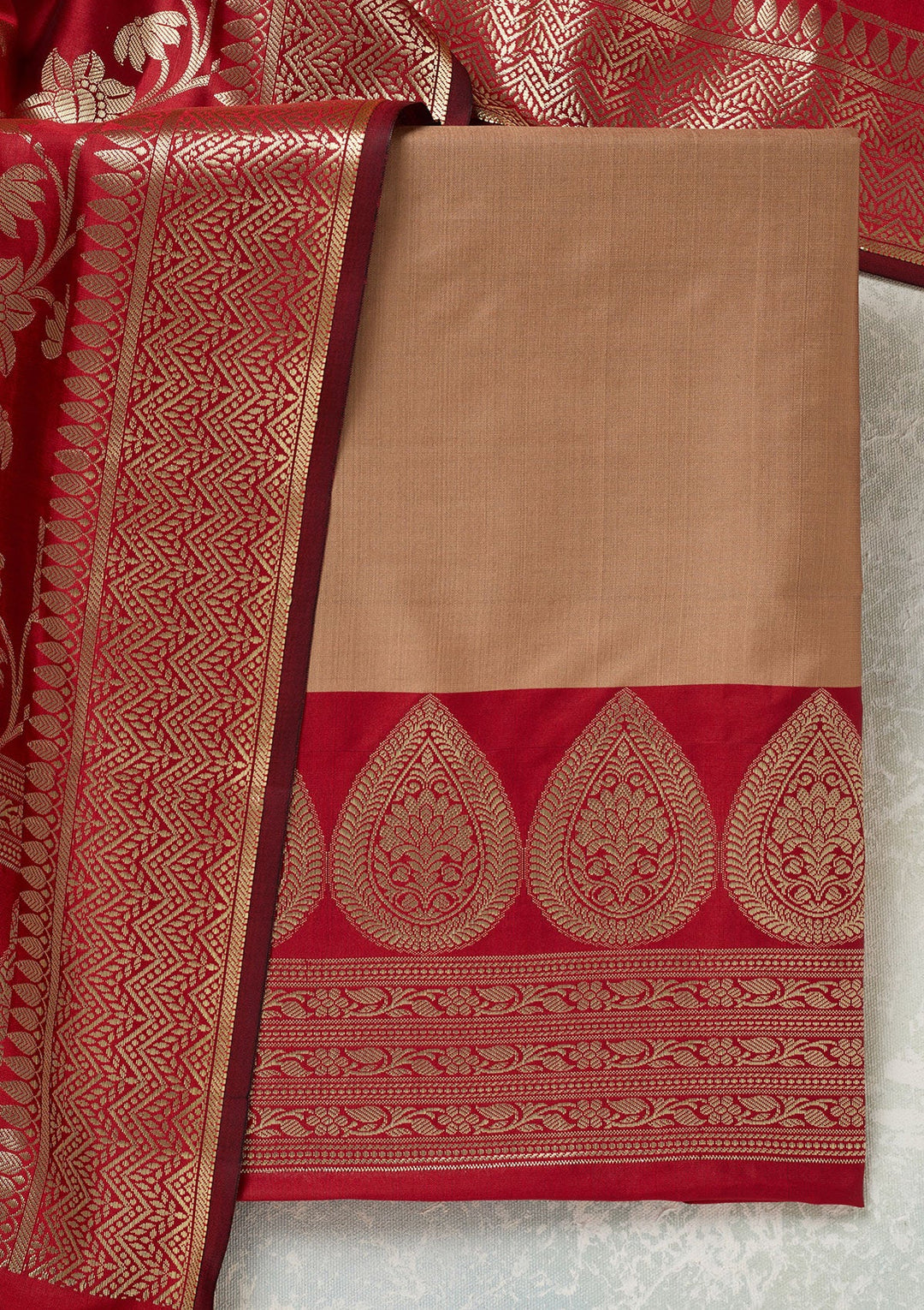 Beige Zariwork (Gold) Banarasi Unstitched Salwar Suit-Koskii
