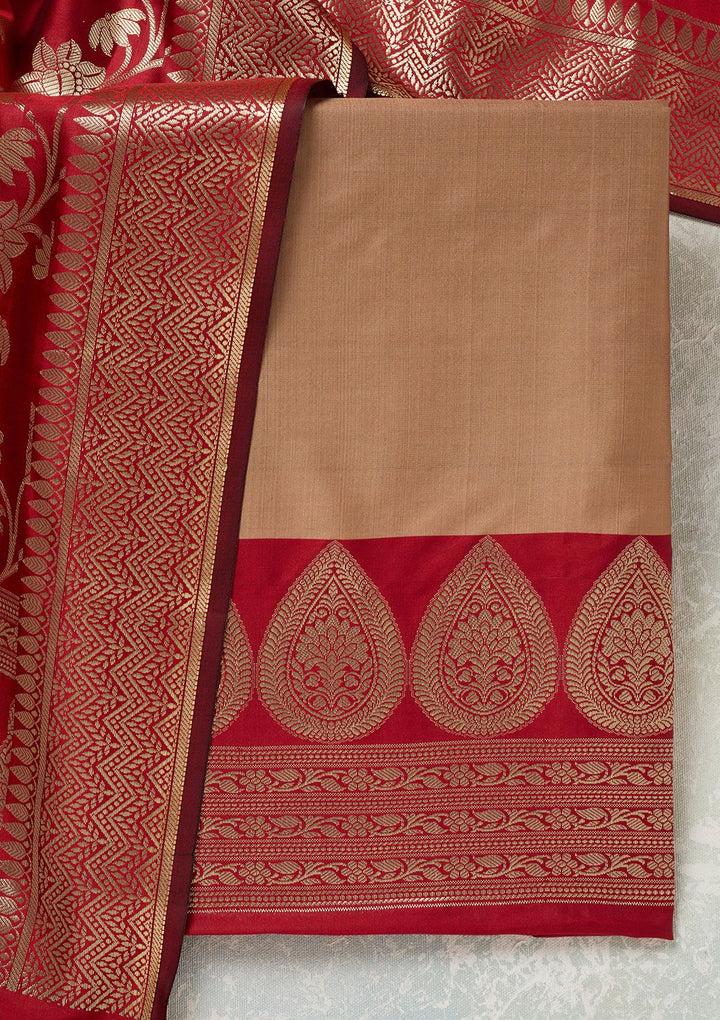 Beige Zariwork (Gold) Banarasi Unstitched Salwar Suit-Koskii