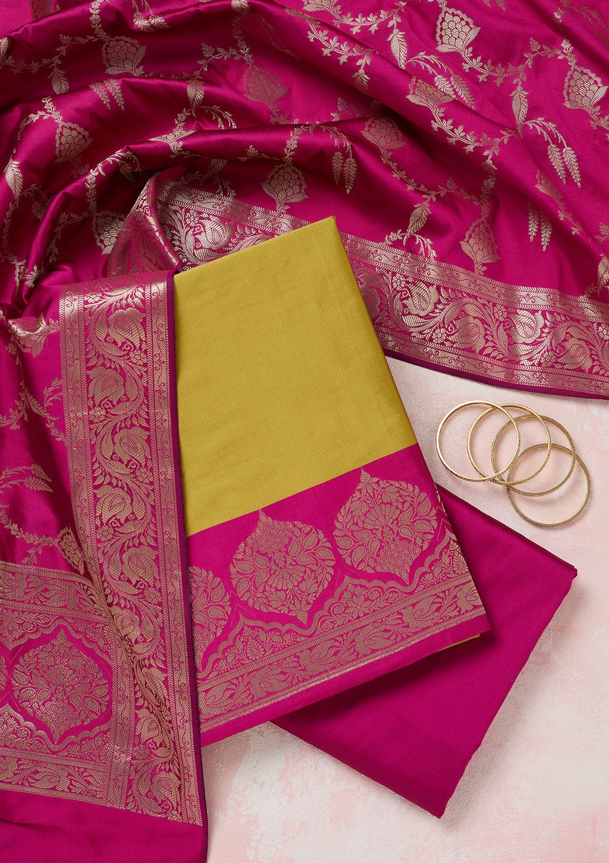 Mehendi Zariwork (Gold) Banarasi Unstitched Salwar Suit-Koskii