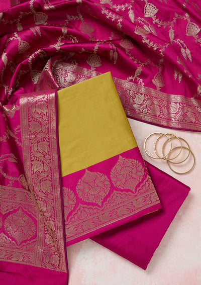 Mehendi Zariwork (Gold) Banarasi Unstitched Salwar Suit-Koskii