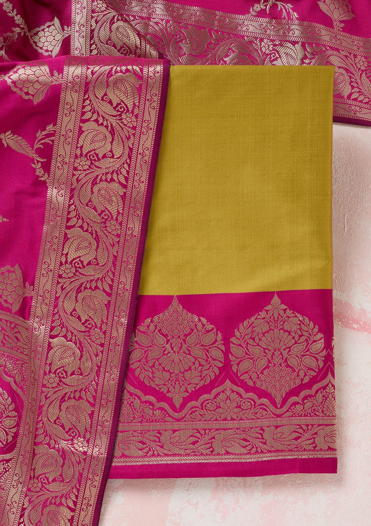 Mehendi Zariwork (Gold) Banarasi Unstitched Salwar Suit-Koskii