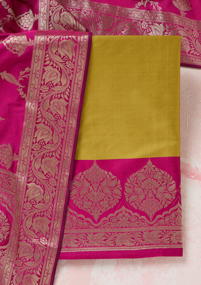 Mehendi Zariwork (Gold) Banarasi Unstitched Salwar Suit-Koskii