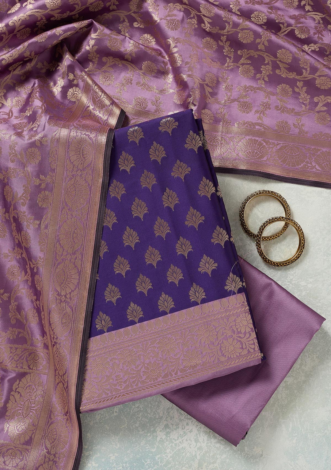 Royal Blue Zariwork (Gold) Banarasi Unstitched Salwar Suit-koskii