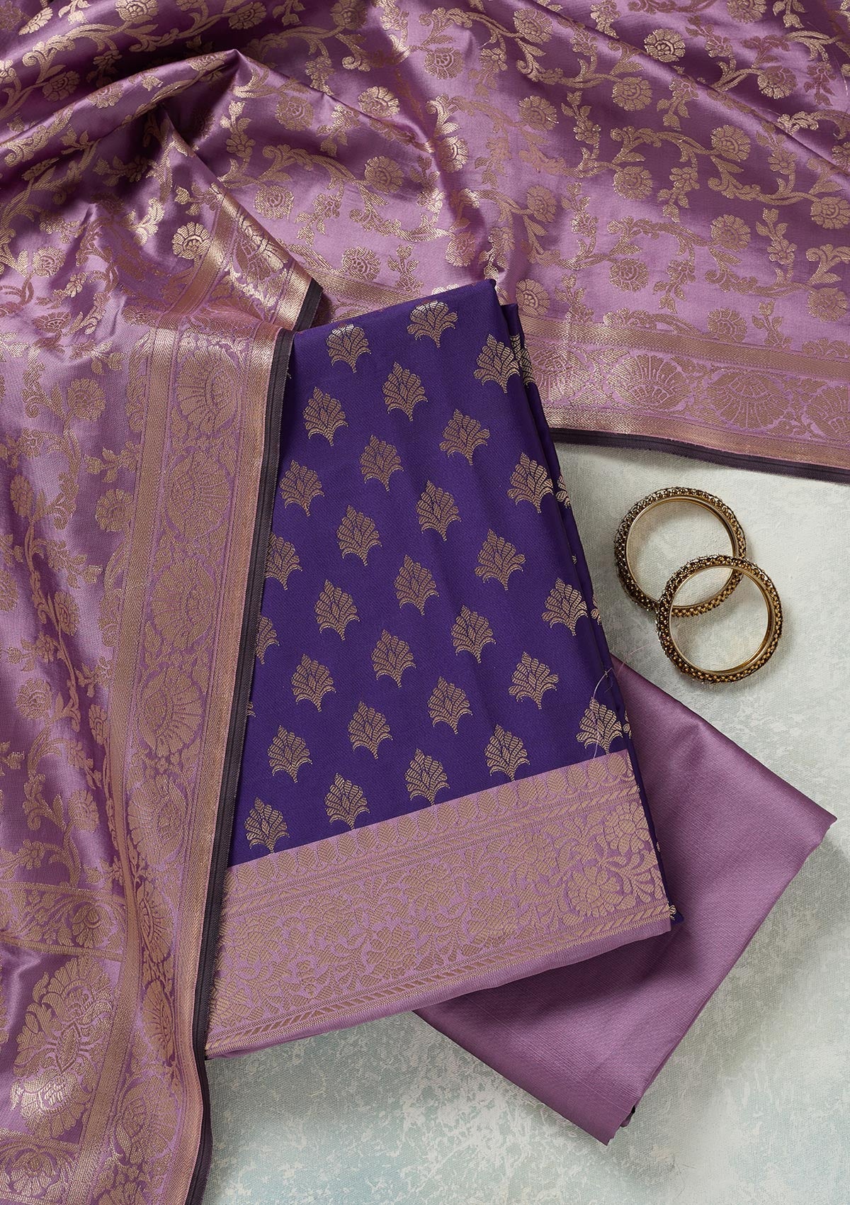 Royal Blue Zariwork (Gold) Banarasi Unstitched Salwar Suit-koskii