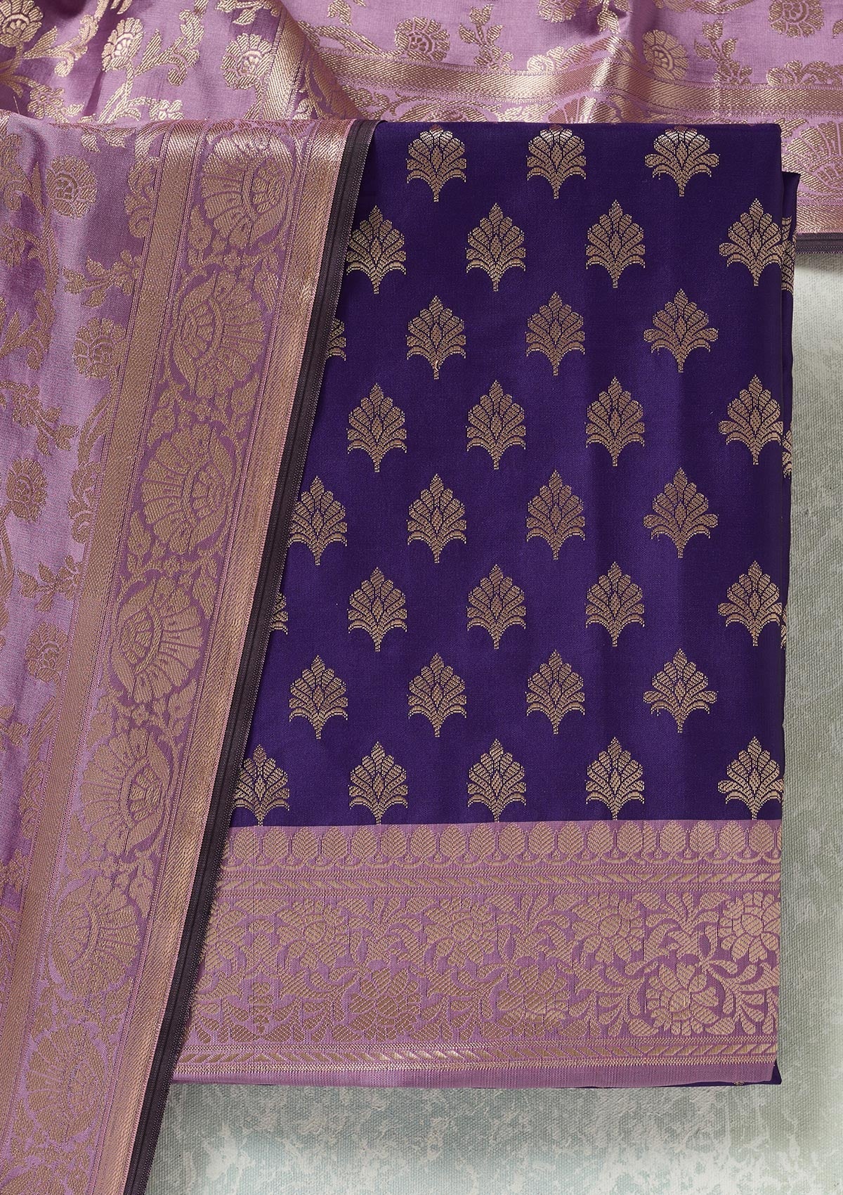Royal Blue Zariwork (Gold) Banarasi Unstitched Salwar Suit-koskii