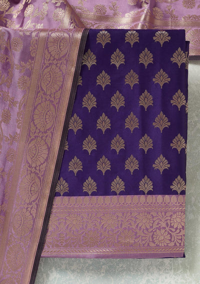 Royal Blue Zariwork (Gold) Banarasi Unstitched Salwar Suit-koskii