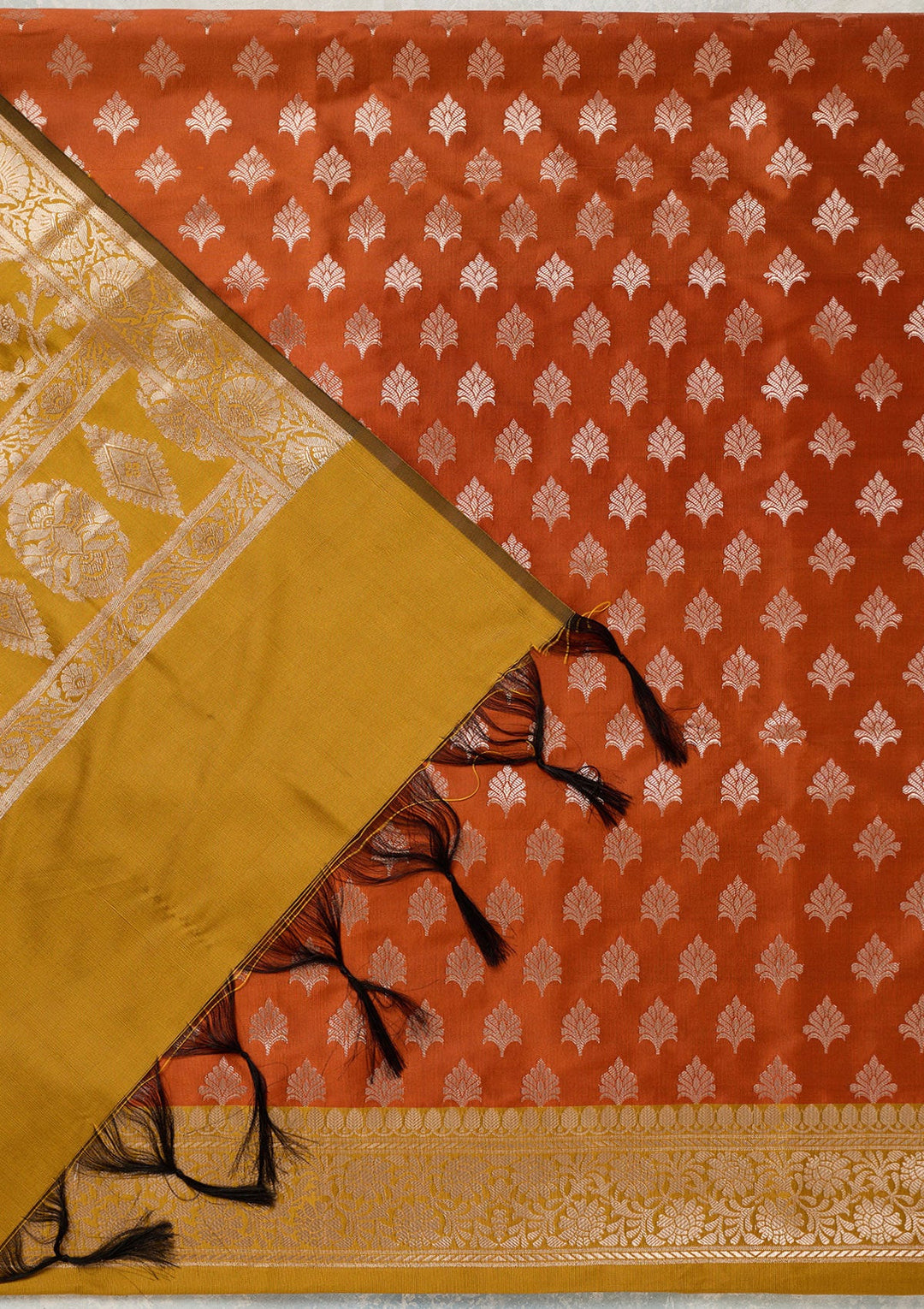 Rust Zariwork (Gold) Banarasi Unstitched Salwar Suit-Koskii