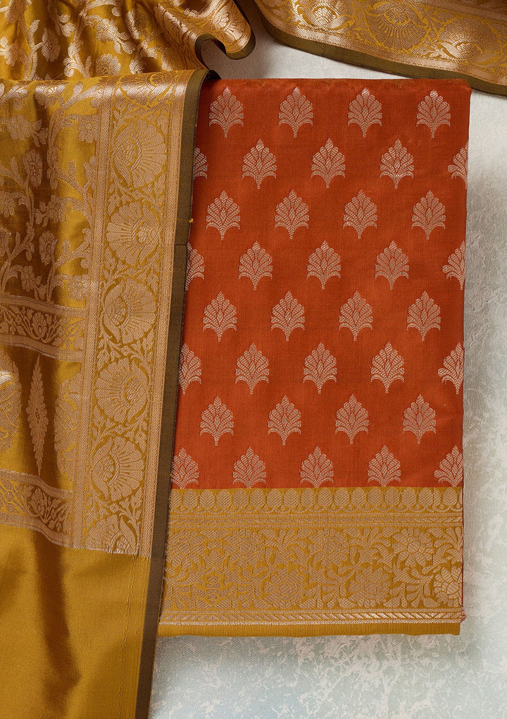 Rust Zariwork (Gold) Banarasi Unstitched Salwar Suit-Koskii