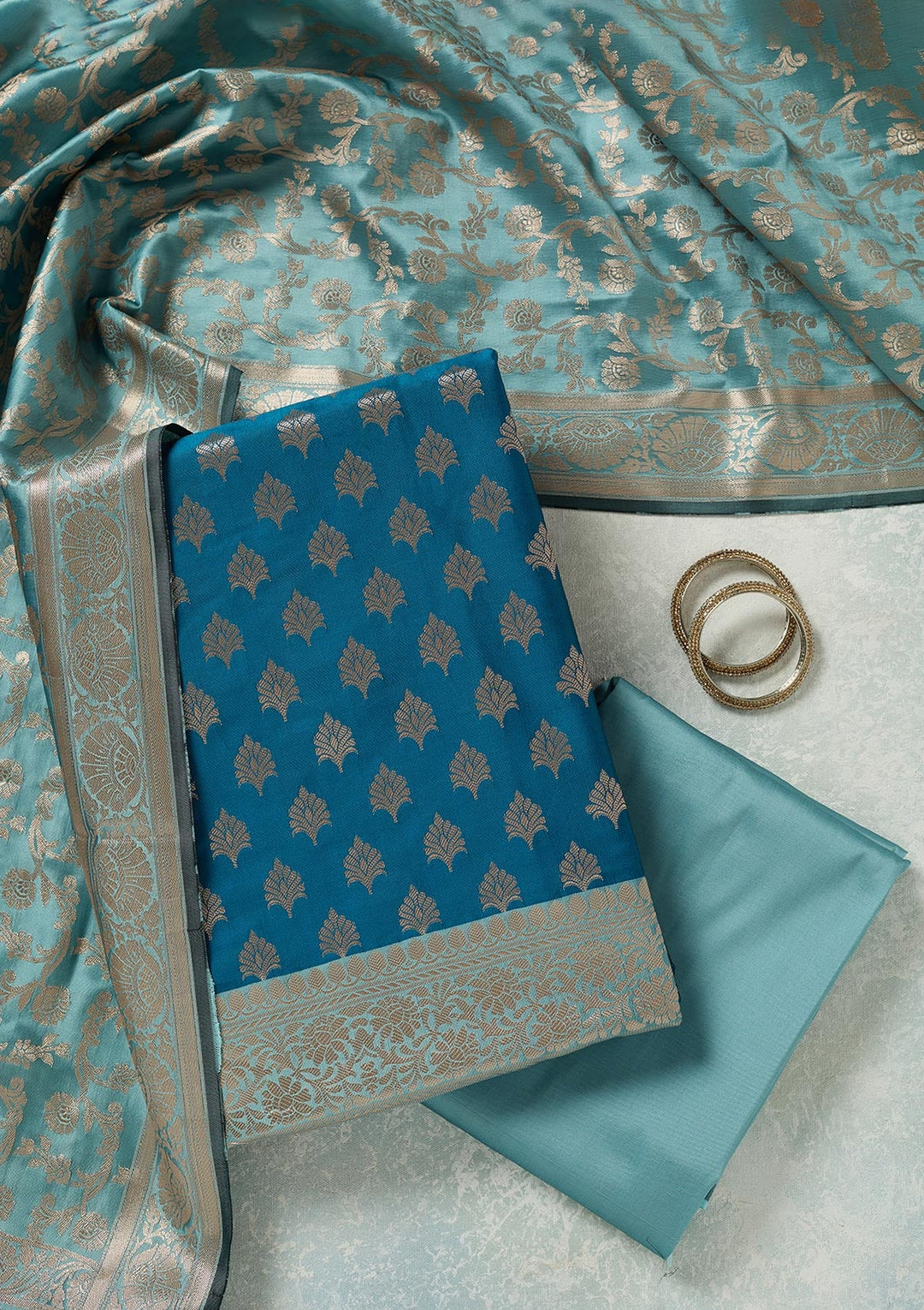 Turquoise Blue Zariwork (Gold) Banarasi Unstitched Salwar Suit-koskii