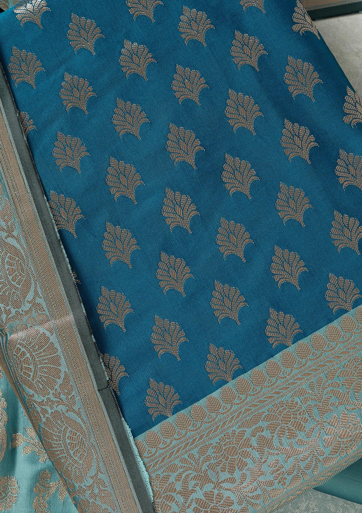 Turquoise Blue Zariwork (Gold) Banarasi Unstitched Salwar Suit-koskii