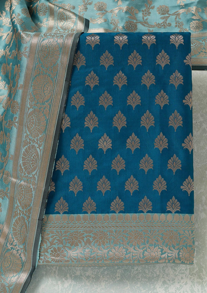 Turquoise Blue Zariwork (Gold) Banarasi Unstitched Salwar Suit-koskii