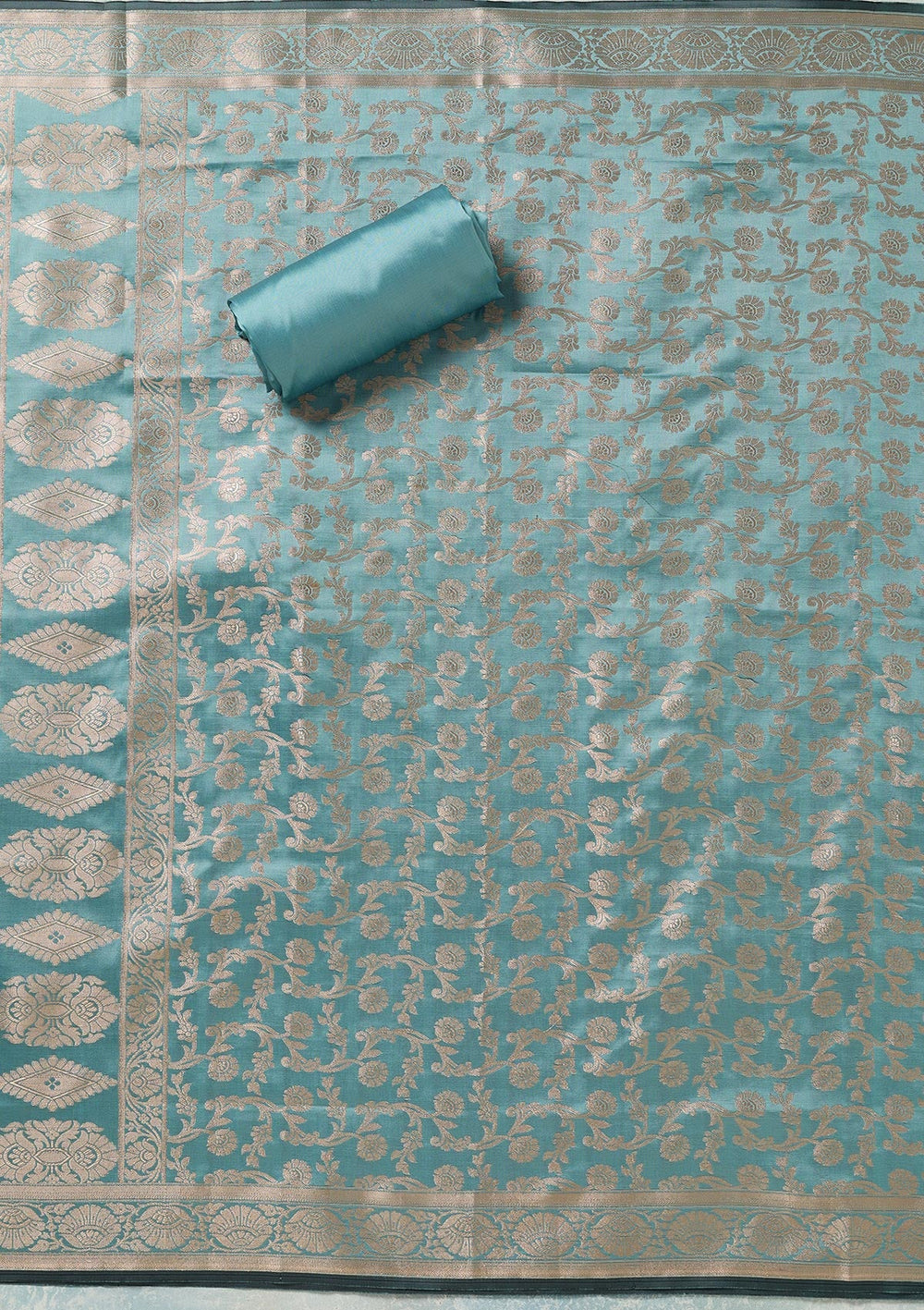 Turquoise Blue Zariwork (Gold) Banarasi Unstitched Salwar Suit-koskii