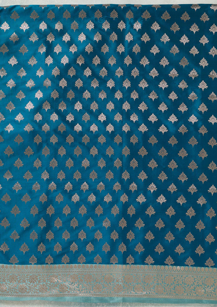 Turquoise Blue Zariwork (Gold) Banarasi Unstitched Salwar Suit-koskii
