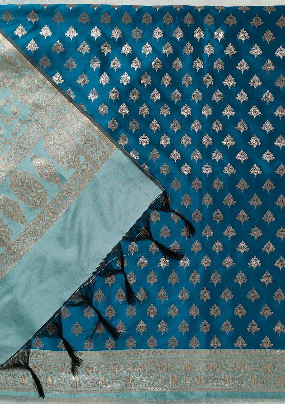 Turquoise Blue Zariwork (Gold) Banarasi Unstitched Salwar Suit-koskii