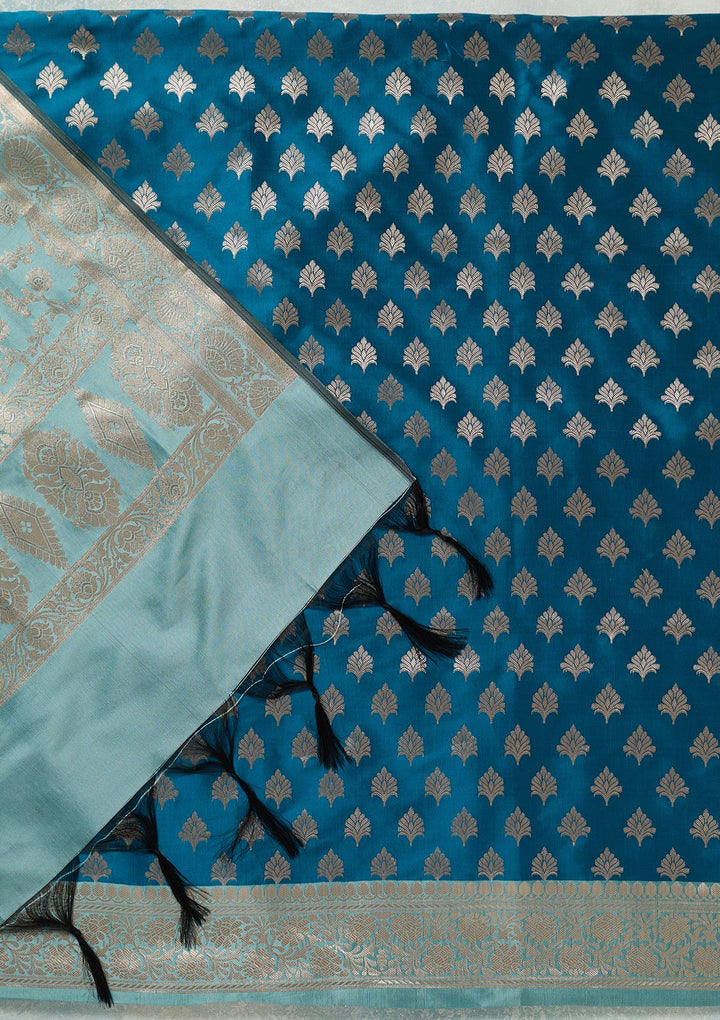 Turquoise Blue Zariwork (Gold) Banarasi Unstitched Salwar Suit-koskii