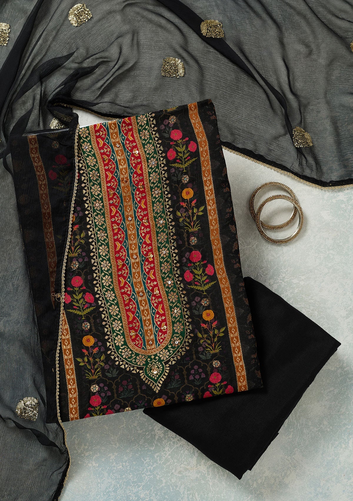 Black Zariwork (Gold) Dola Silk Unstitched Salwar Suit-koskii