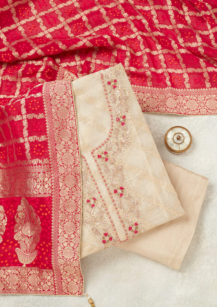 Beige Zardozi (Gold) Chanderi Unstitched Salwar Suit