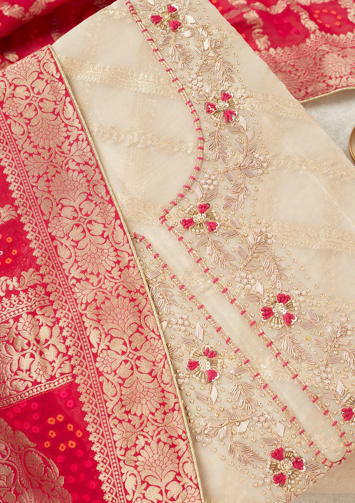 Beige Zardozi (Gold) Chanderi Unstitched Salwar Suit