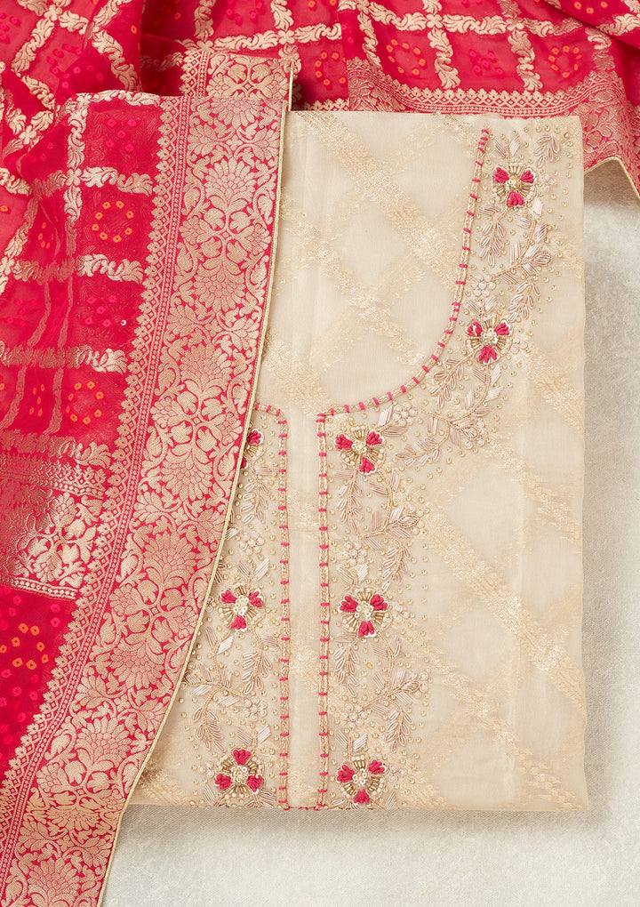 Beige Zardozi (Gold) Chanderi Unstitched Salwar Suit