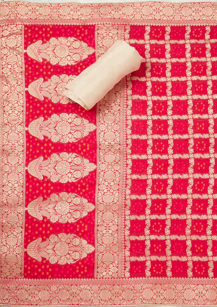 Beige Zardozi (Gold) Chanderi Unstitched Salwar Suit